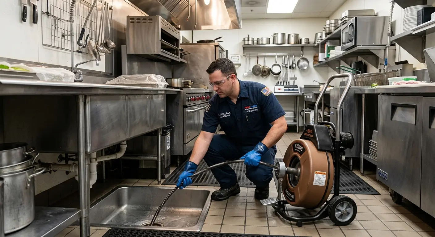 Commercial drain cleaning service in a restaurant kitchen in Fairwood