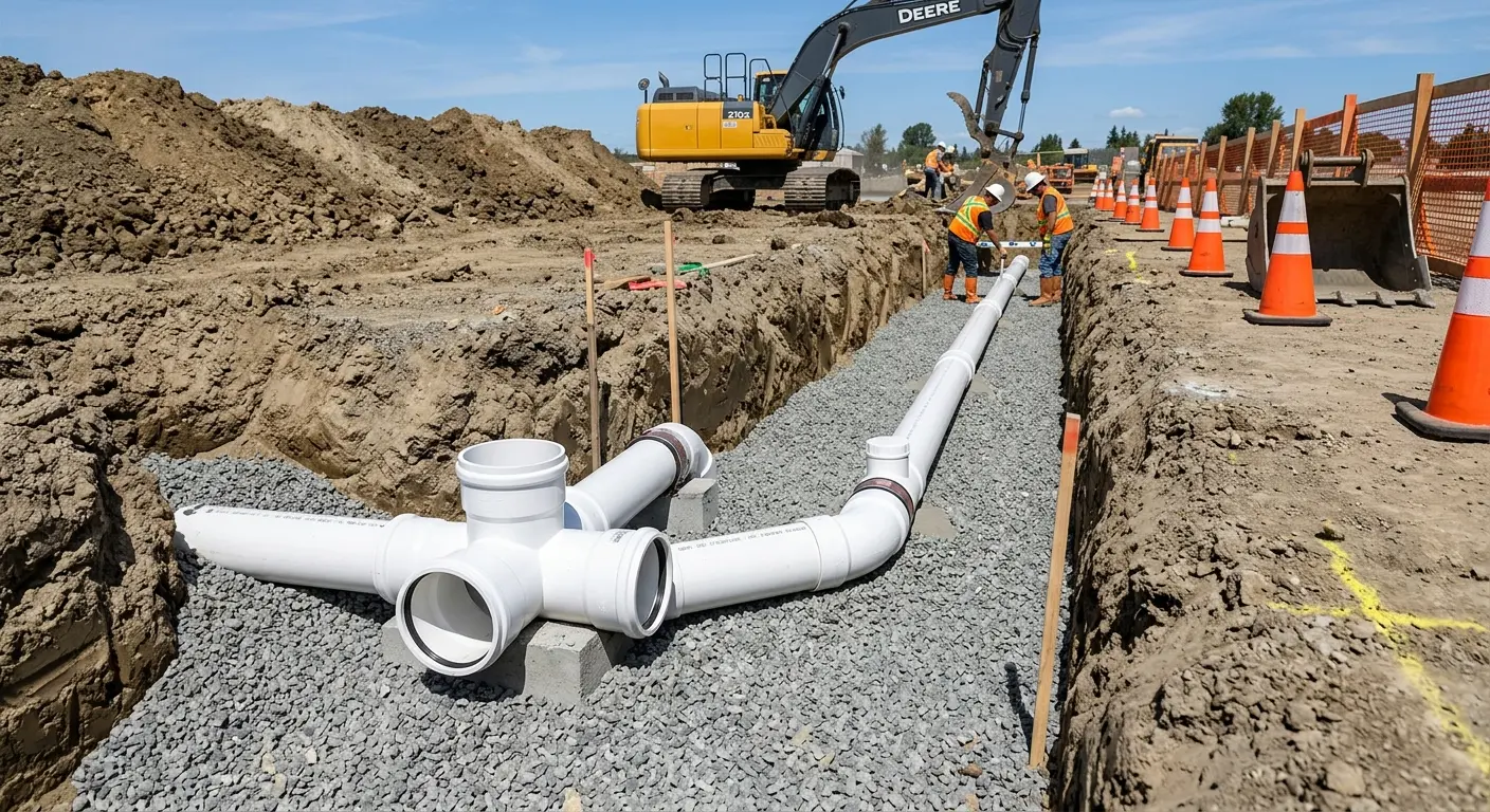 New PVC sewer pipe installation in open trench for Sewer Backup in Fairwood